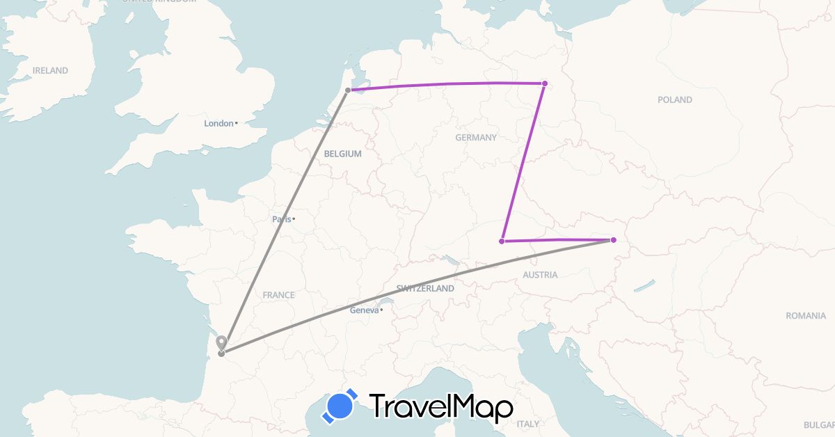 TravelMap itinerary: driving, plane, train in Austria, Germany, France, Netherlands (Europe)