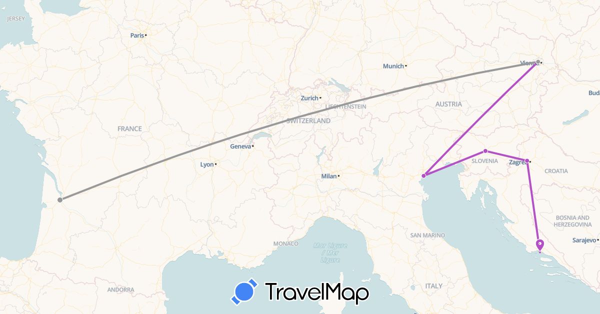 TravelMap itinerary: driving, plane, train in Austria, France, Croatia, Italy, Slovenia (Europe)
