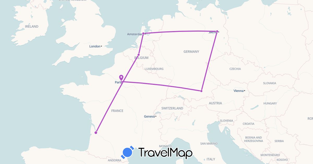 TravelMap itinerary: driving, train in Belgium, Germany, France, Netherlands (Europe)